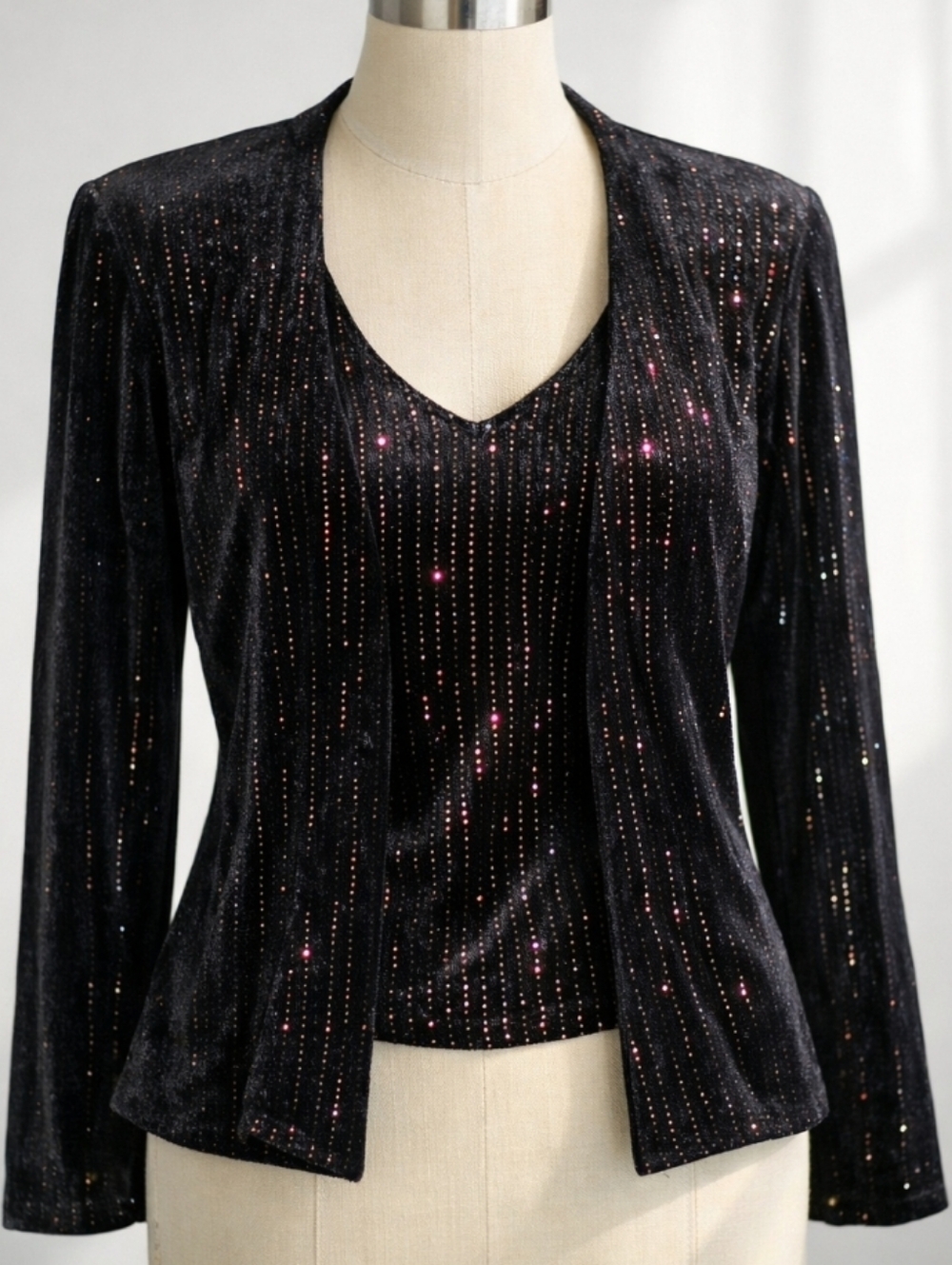 Vintage 80s Ronni Nicole Black Velvet Metallic Shimmer Twinset Cardigan PS